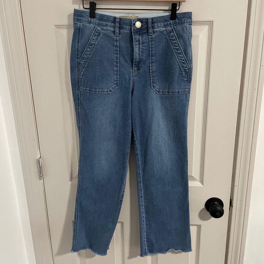 Democracy Ab Solution Wide Leg Jeans Medium Wash Raw Hem Size 10 Cropped Utility